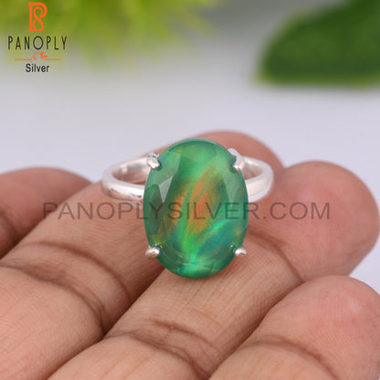 Aurora Opal Green Oval 925 Sterling SilverProng Set  Ring