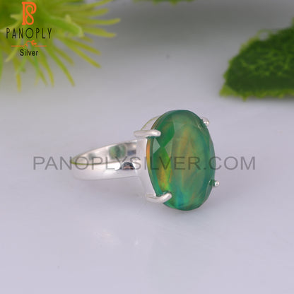 Aurora Opal Green Oval 925 Sterling SilverProng Set  Ring
