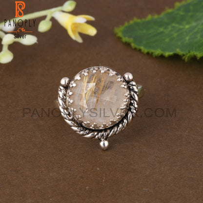 Golden Rutile Round 925 Sterling Silver Ring