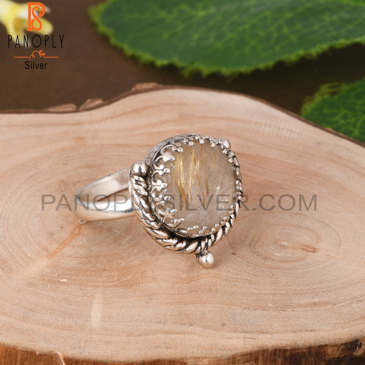 Golden Rutile Round 925 Sterling Silver Ring