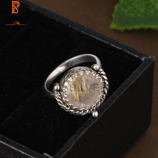 Golden Rutile Round 925 Sterling Silver Ring