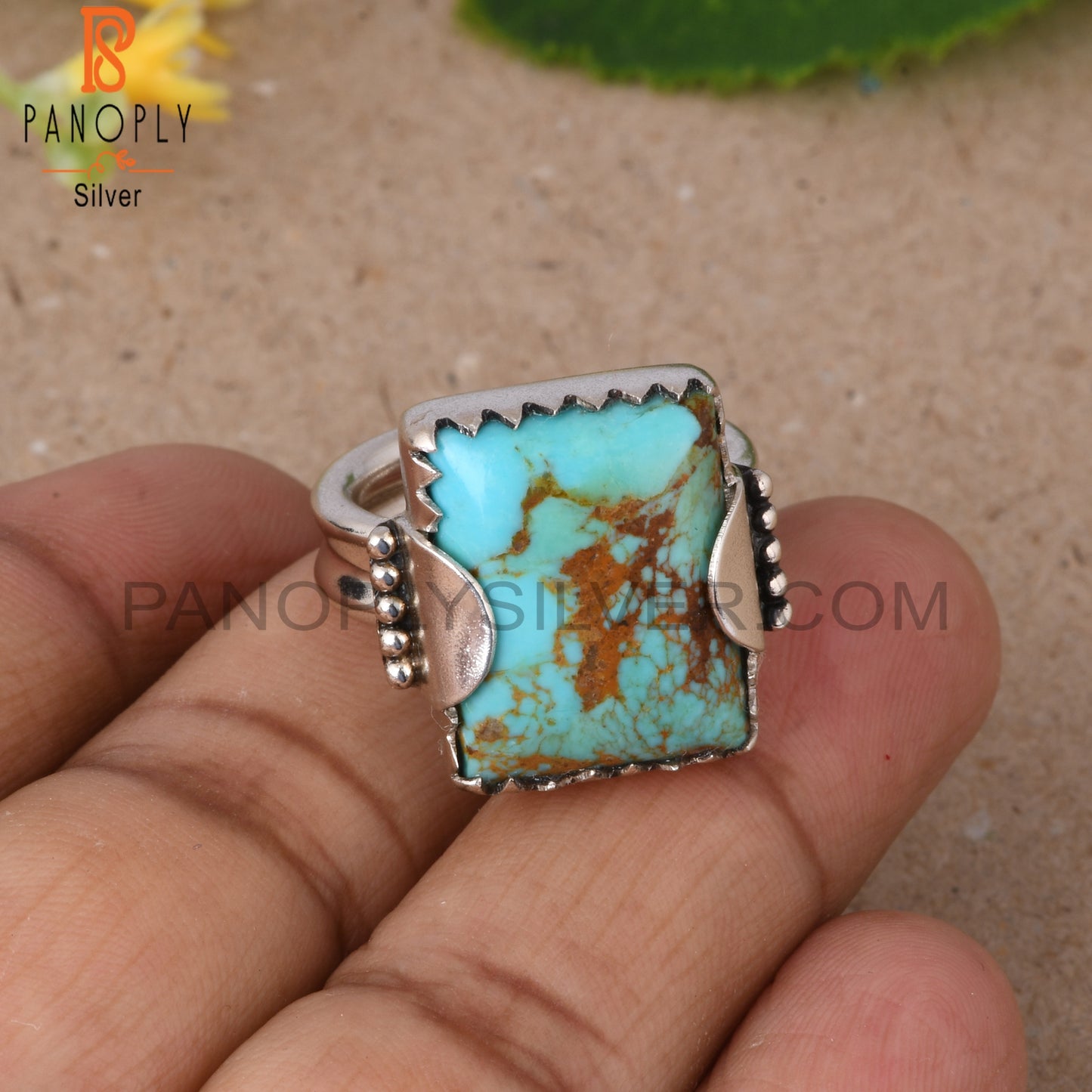Kingman Turquoise Beguette 925 Silver Prong Setting Ring