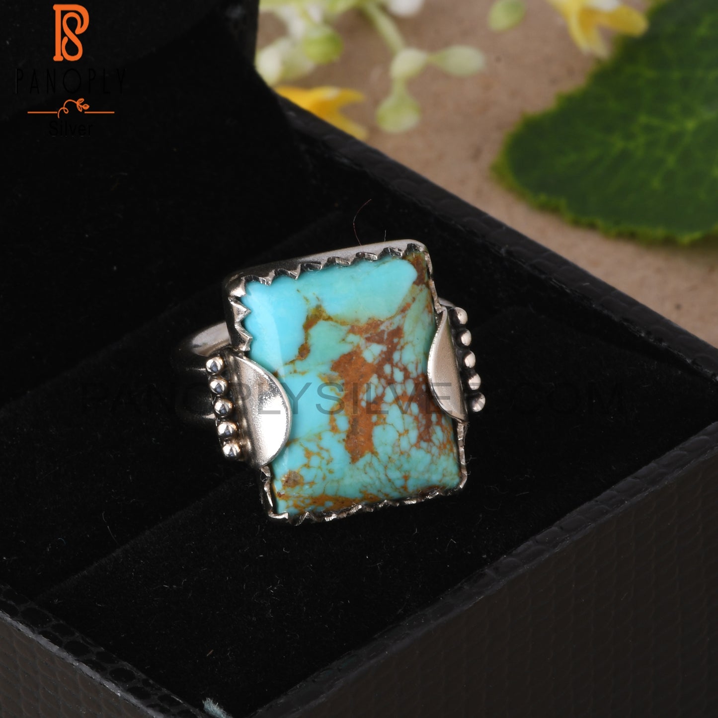 Kingman Turquoise Beguette 925 Silver Prong Setting Ring