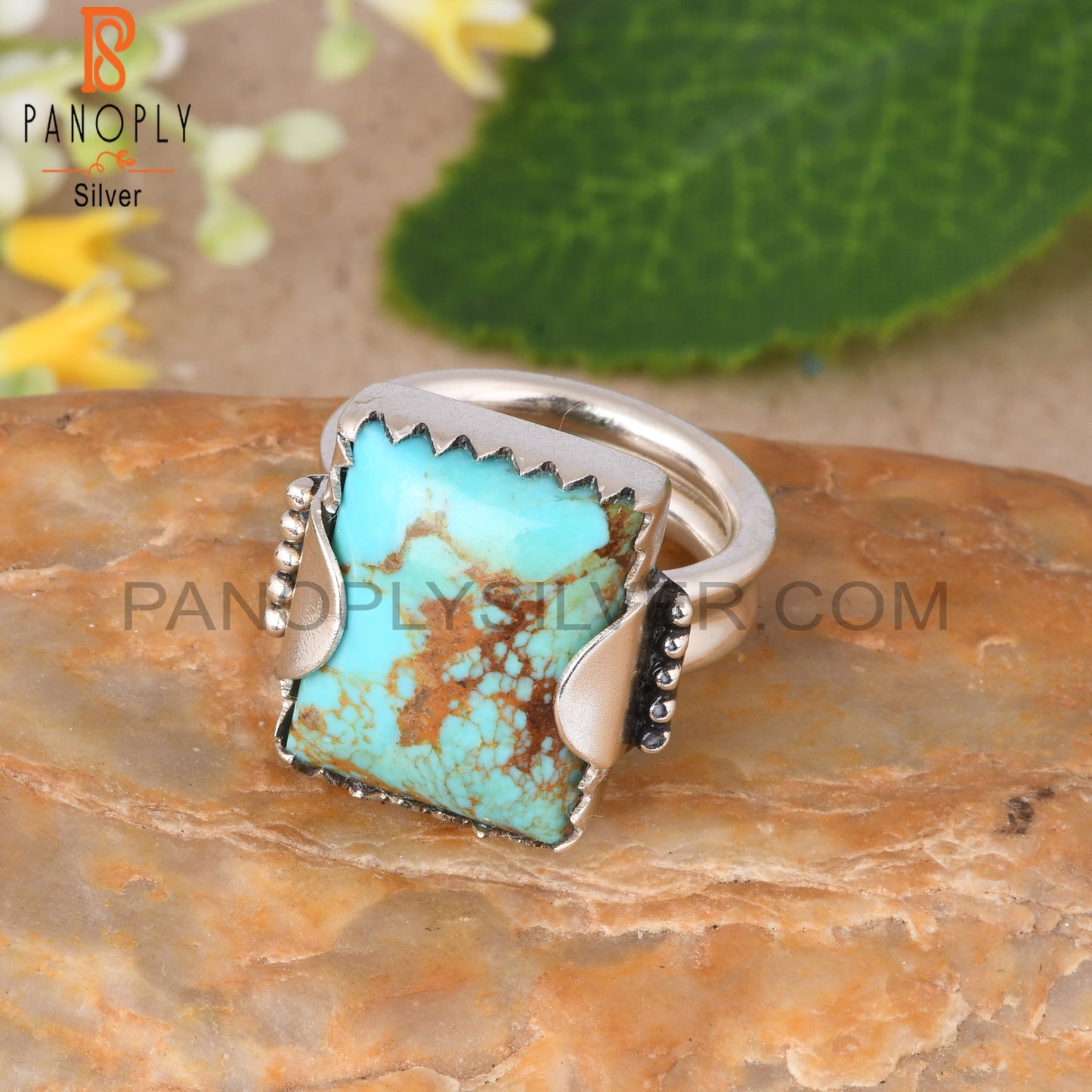 Kingman Turquoise Beguette 925 Silver Prong Setting Ring