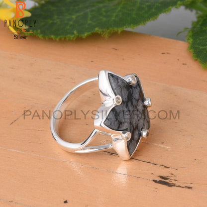 Cubic Zirconia & Snowflake Obsidian 925 Sterling Silver Ring