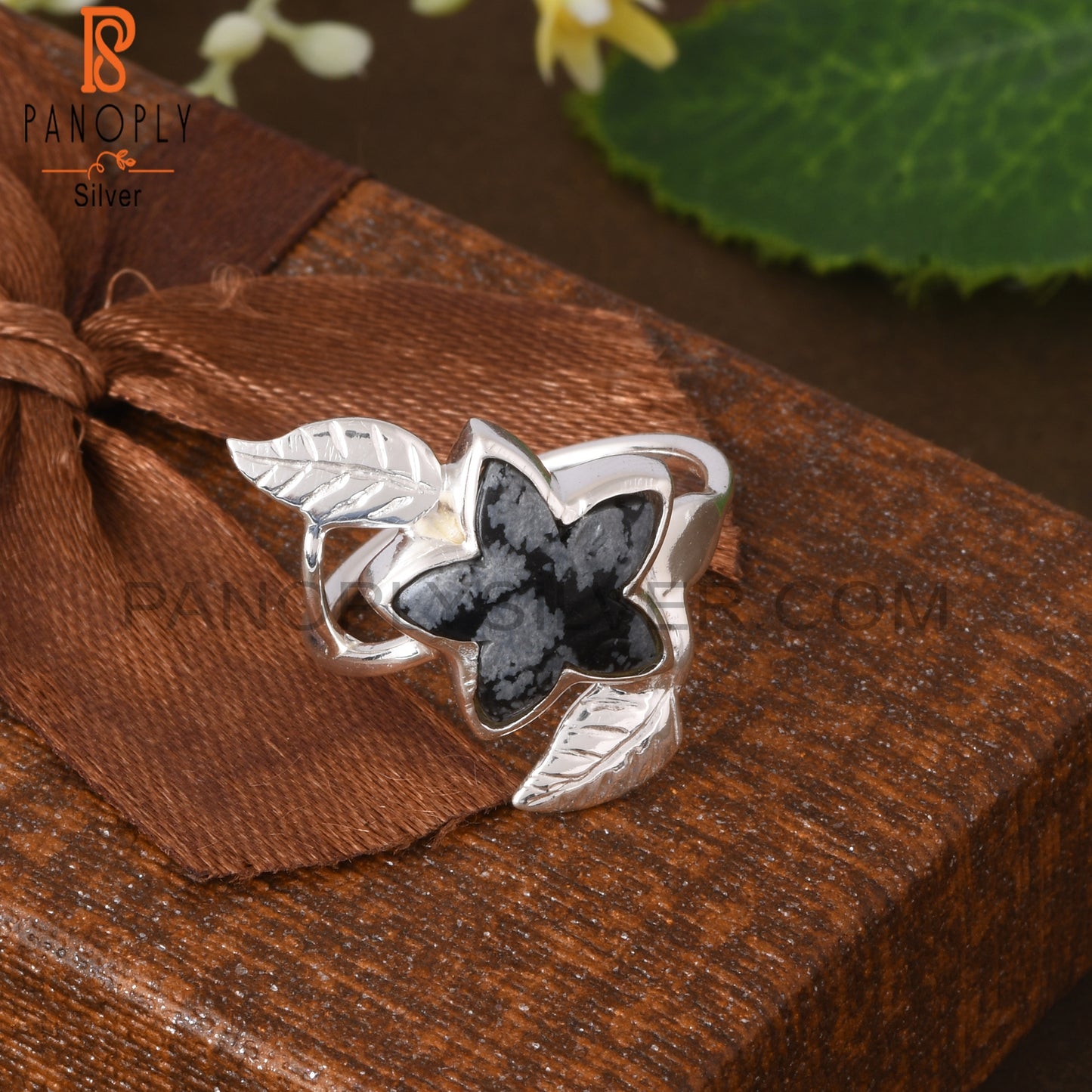 Snowflake Obsidian Flower Shape 925 Sterling Silver Leaf Ring