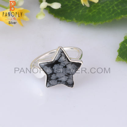 Snowflake Obsidian Flower Shape 925 Sterling Silver Star Ring