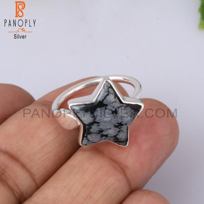 Snowflake Obsidian Flower Shape 925 Sterling Silver Star Ring