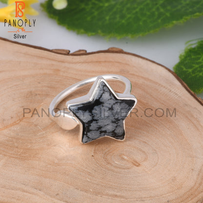 Snowflake Obsidian Flower Shape 925 Sterling Silver Star Ring