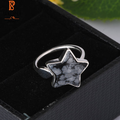 Snowflake Obsidian Flower Shape 925 Sterling Silver Star Ring