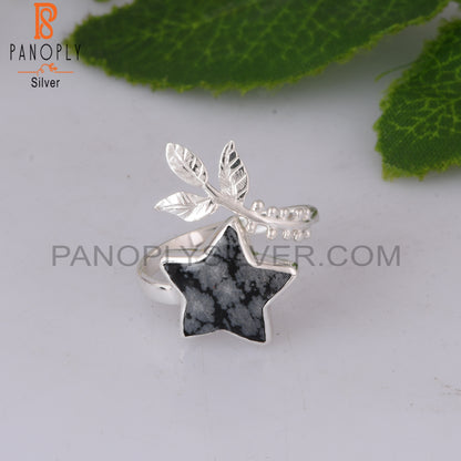 Snowflake Obsidian Flower Adjustable 925 Silver Leaf Ring