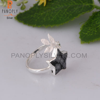 Snowflake Obsidian Flower Adjustable 925 Silver Leaf Ring