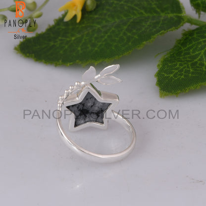 Snowflake Obsidian Flower Adjustable 925 Silver Leaf Ring