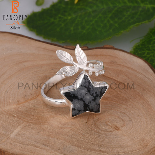 Snowflake Obsidian Flower Adjustable 925 Silver Leaf Ring
