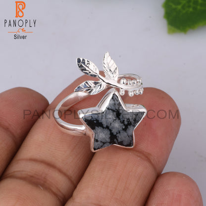 Snowflake Obsidian Flower Adjustable 925 Silver Leaf Ring