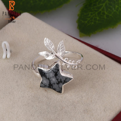 Snowflake Obsidian Flower Adjustable 925 Silver Leaf Ring