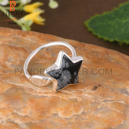 Snowflake Obsidian Star Shape 925 Sterling Silver Flower Ring