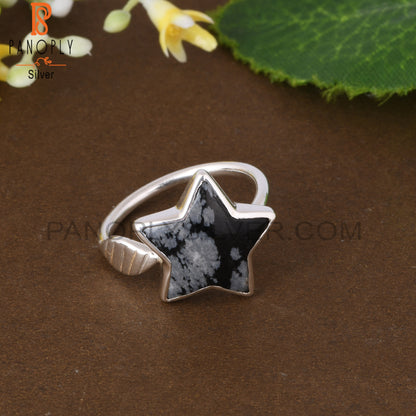 Snowflake Obsidian Star Shape 925 Sterling Silver Flower Ring
