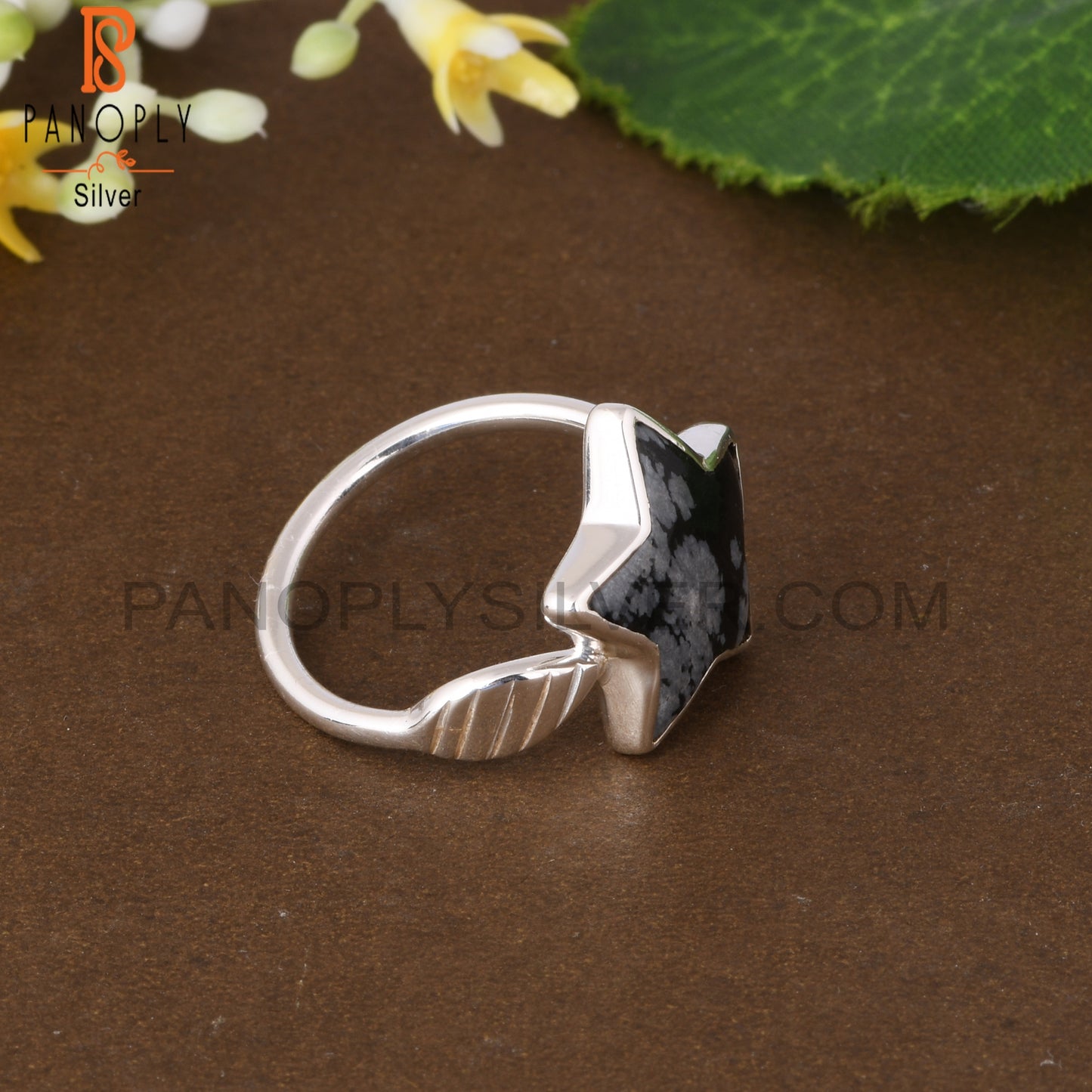 Snowflake Obsidian Star Shape 925 Sterling Silver Flower Ring