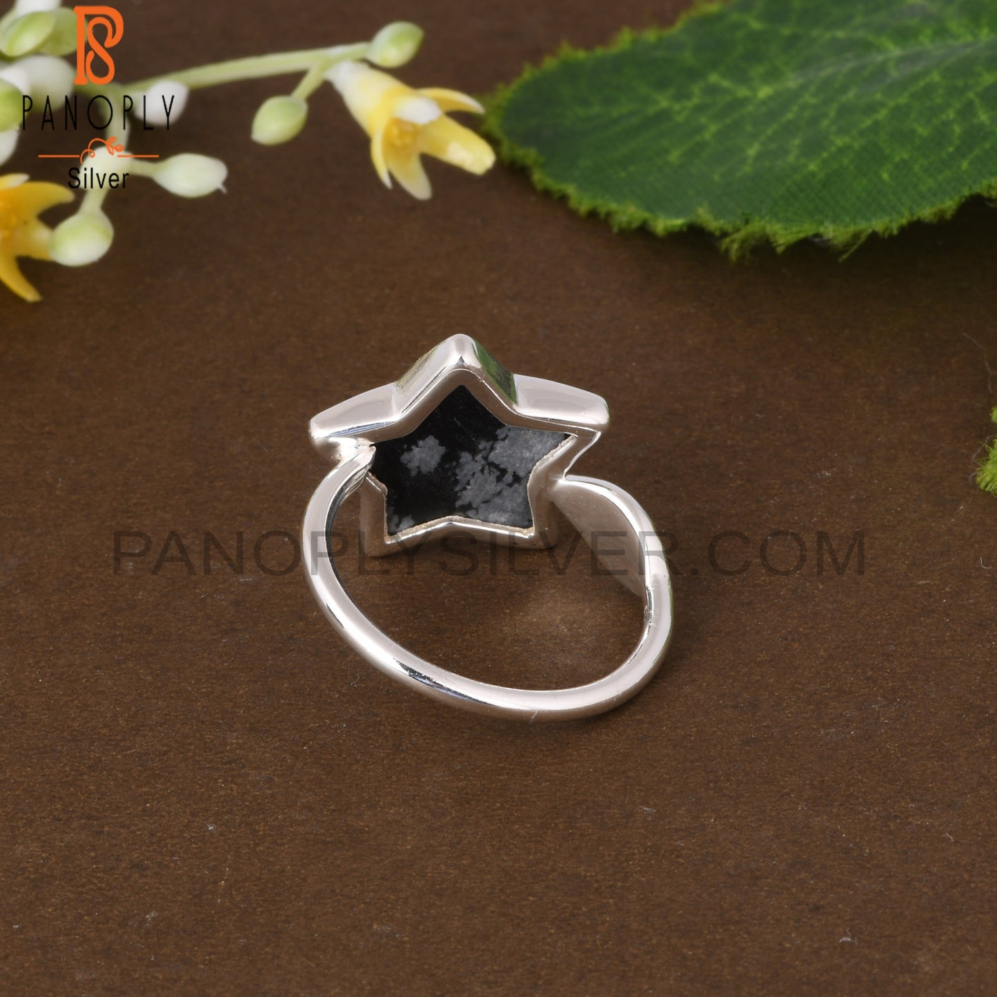 Snowflake Obsidian Star Shape 925 Sterling Silver Flower Ring