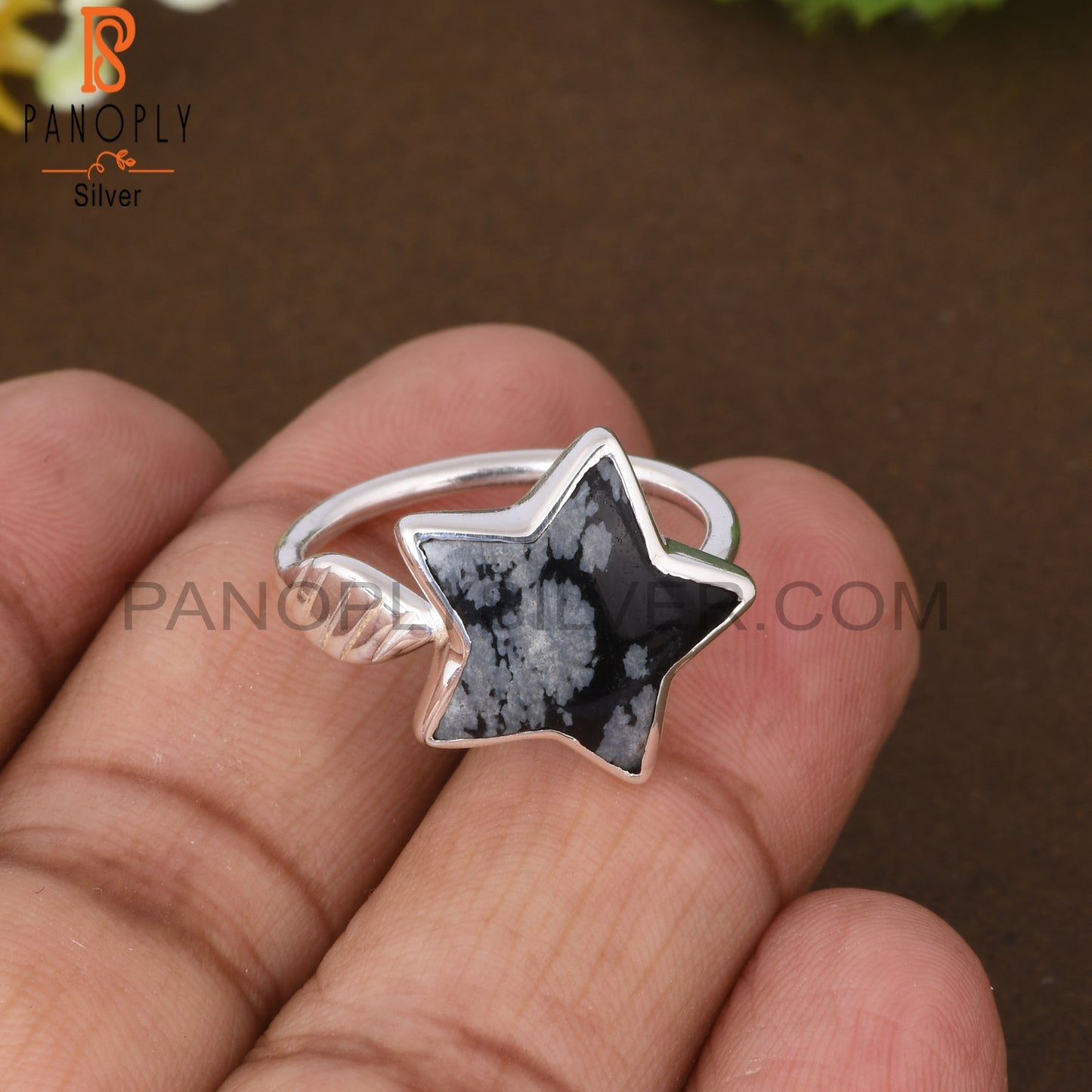 Snowflake Obsidian Star Shape 925 Sterling Silver Flower Ring