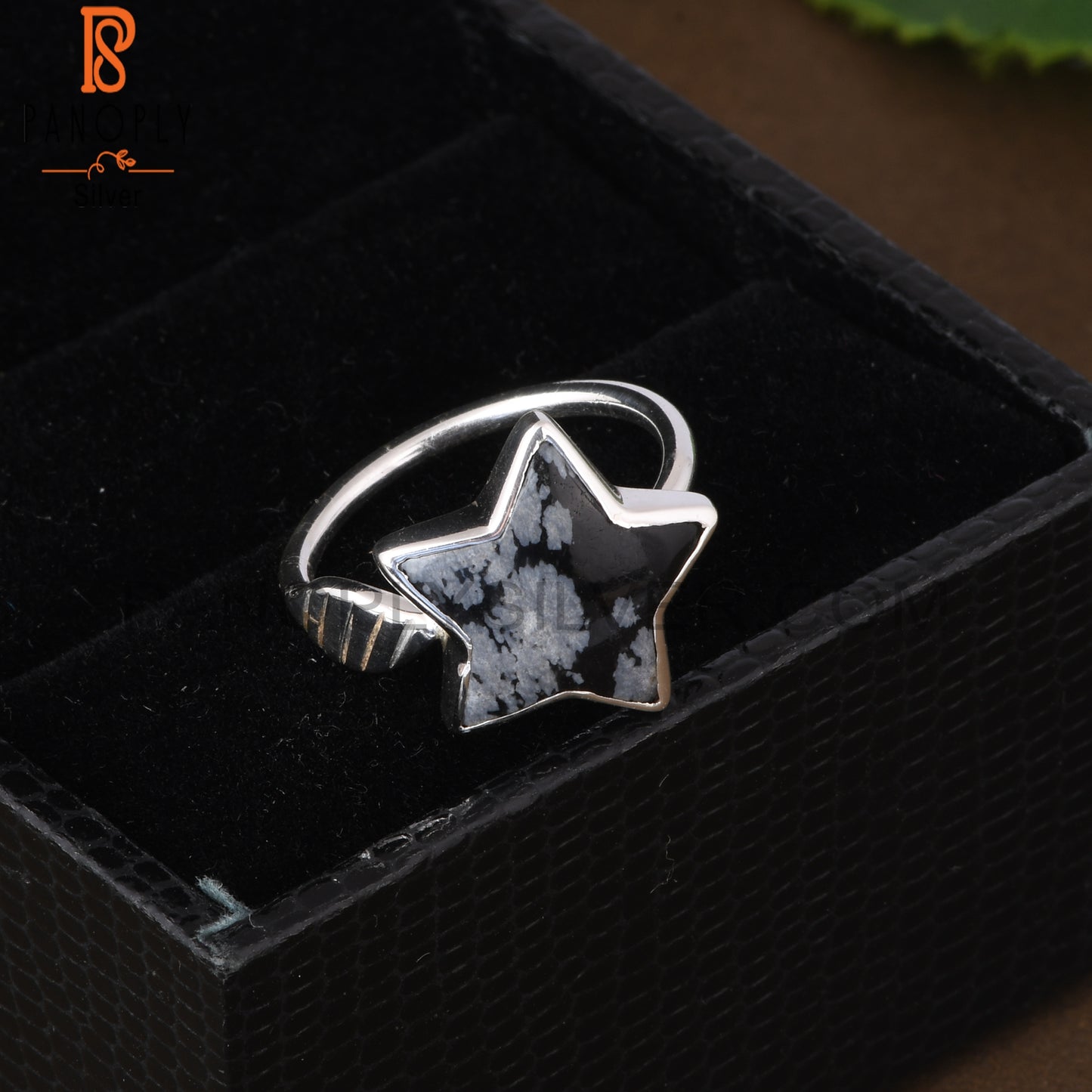 Snowflake Obsidian Star Shape 925 Sterling Silver Flower Ring