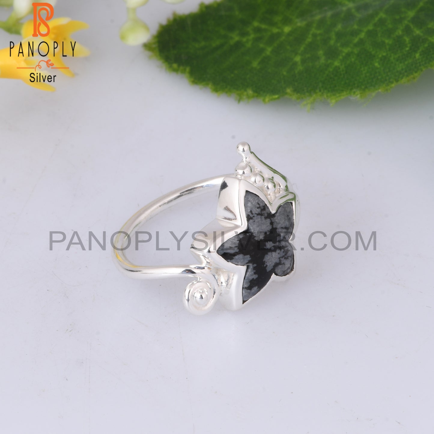 Branch Flower Snowflake Obsidian 925 Sterling Silver Ring