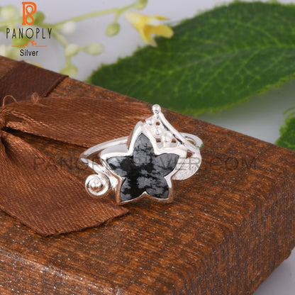 Branch Flower Snowflake Obsidian 925 Sterling Silver Ring