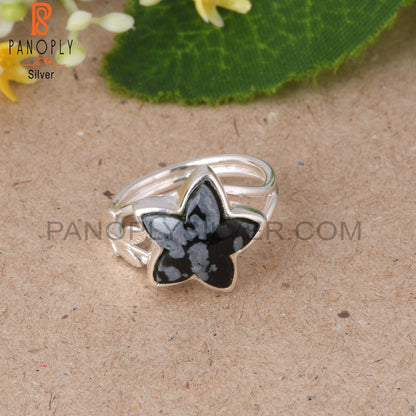 Leaf Snowflake Obsidian Star Shape 925 Sterling Silver Ring