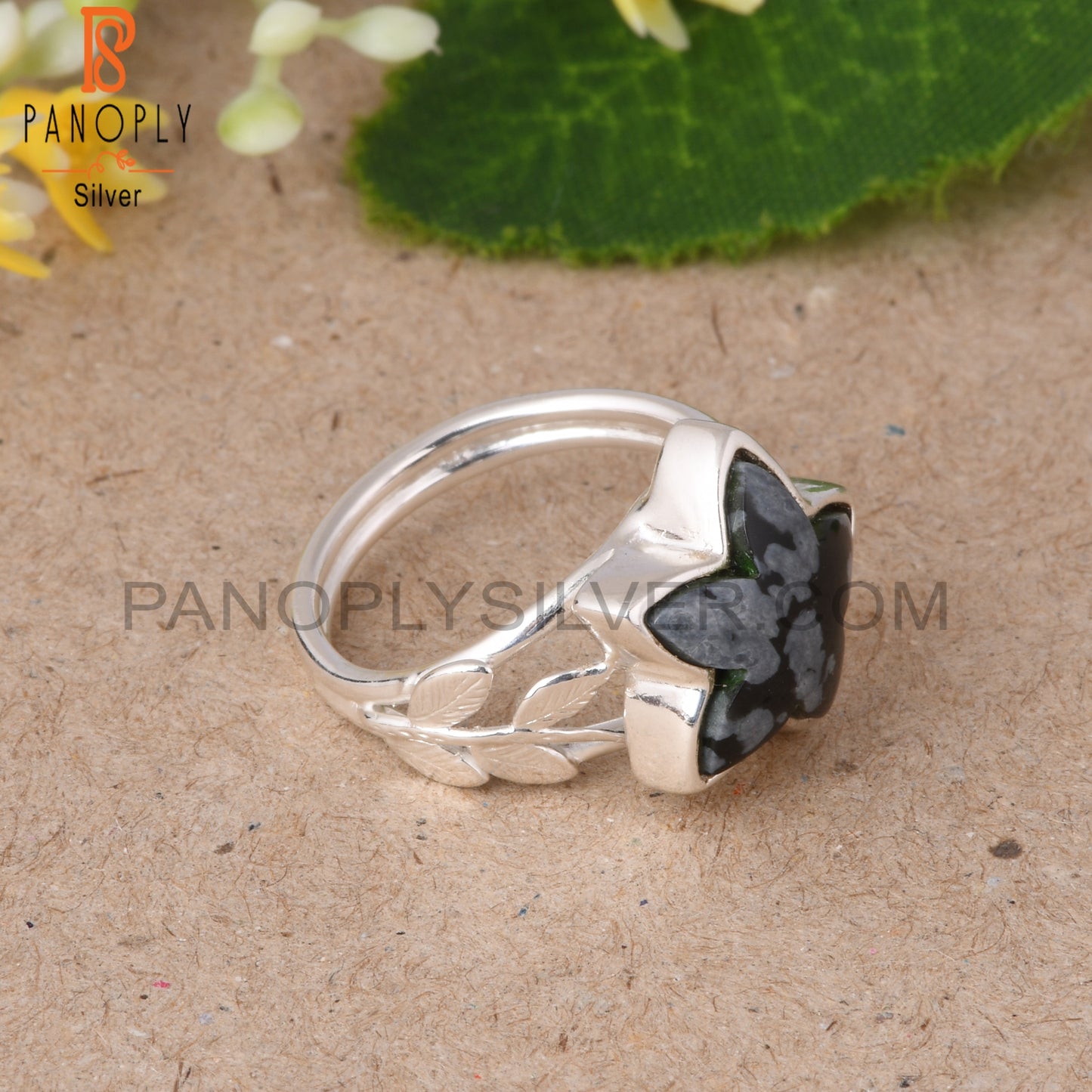 Leaf Snowflake Obsidian Star Shape 925 Sterling Silver Ring