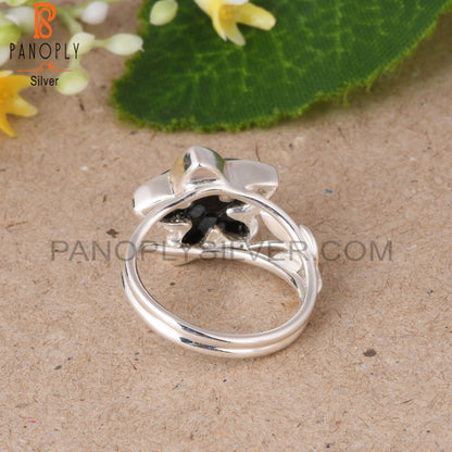 Leaf Snowflake Obsidian Star Shape 925 Sterling Silver Ring