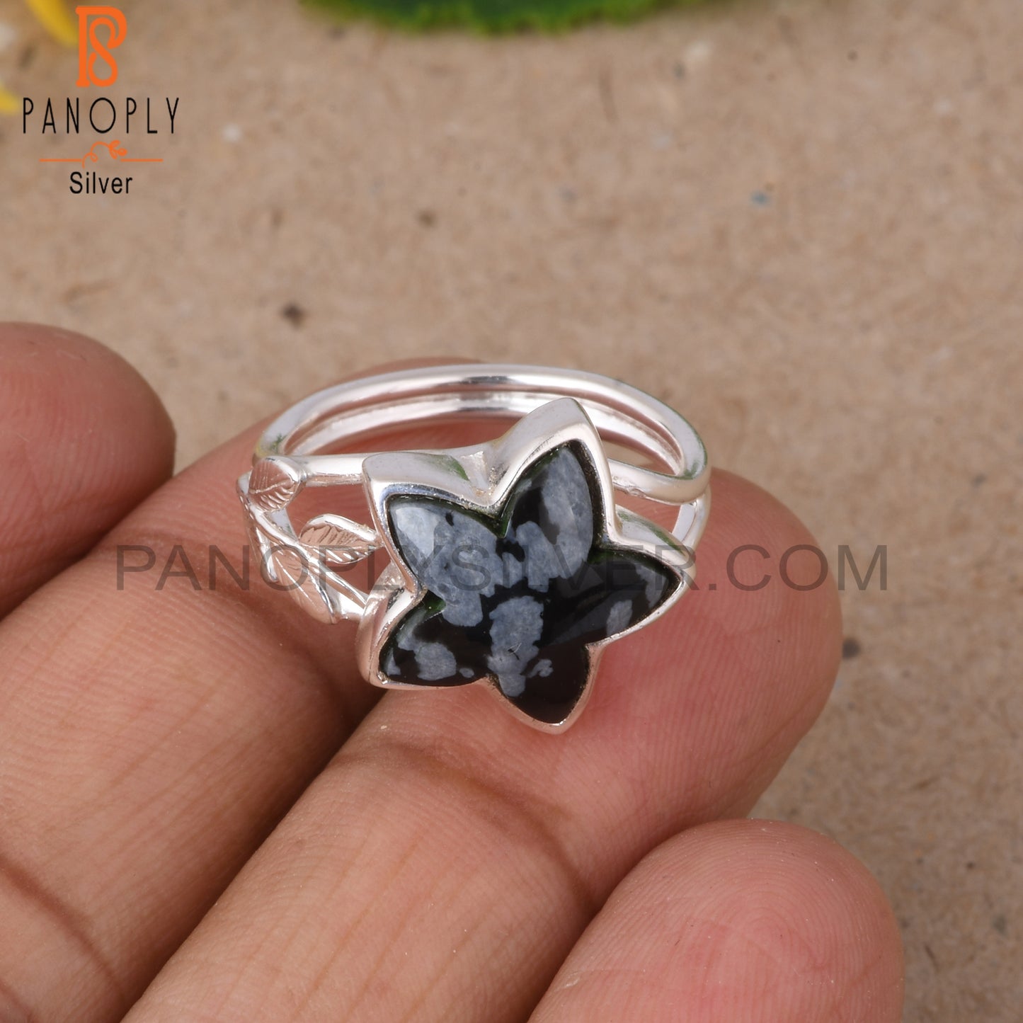 Leaf Snowflake Obsidian Star Shape 925 Sterling Silver Ring