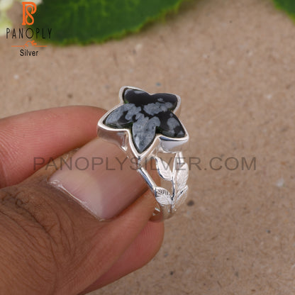 Leaf Snowflake Obsidian Star Shape 925 Sterling Silver Ring