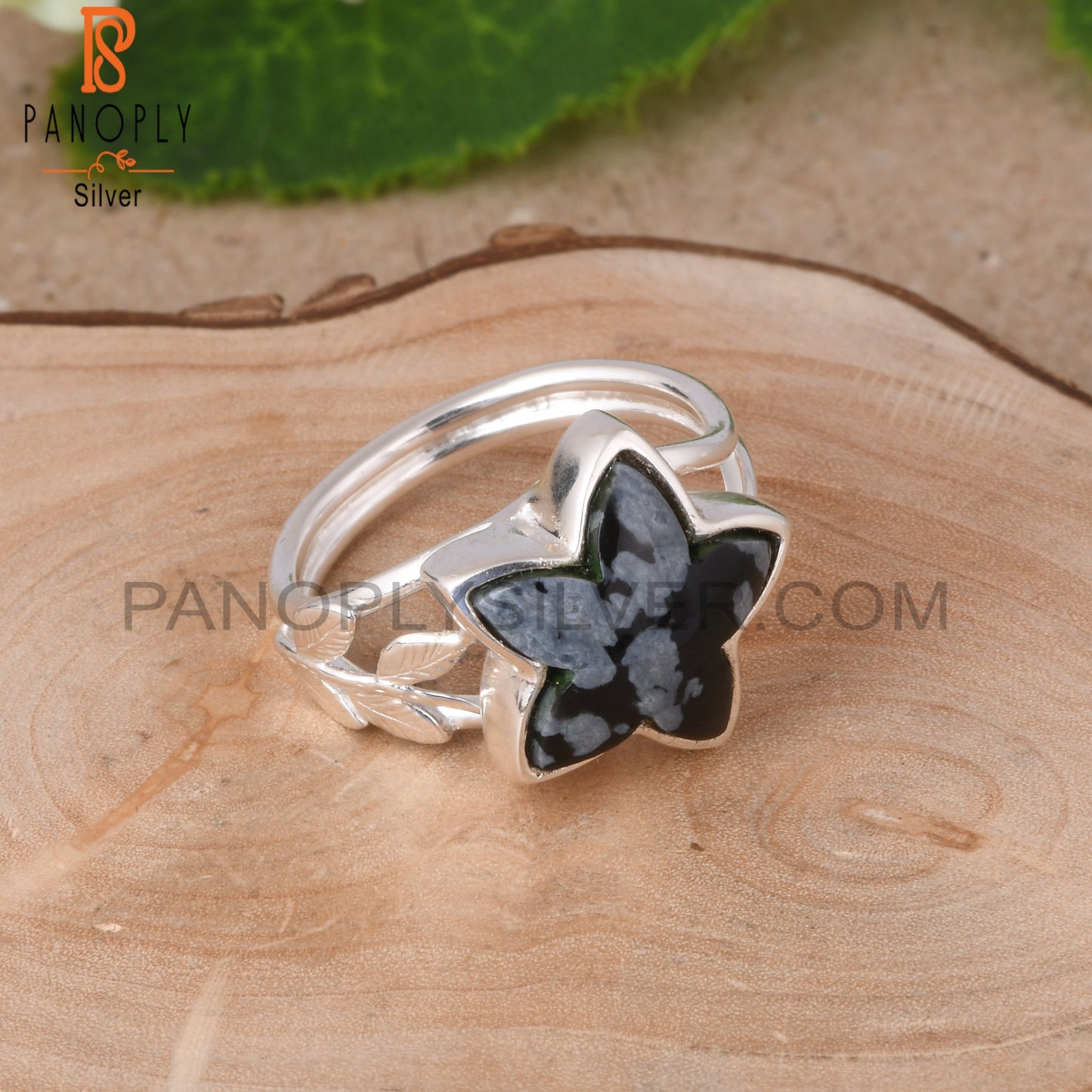 Leaf Snowflake Obsidian Star Shape 925 Sterling Silver Ring