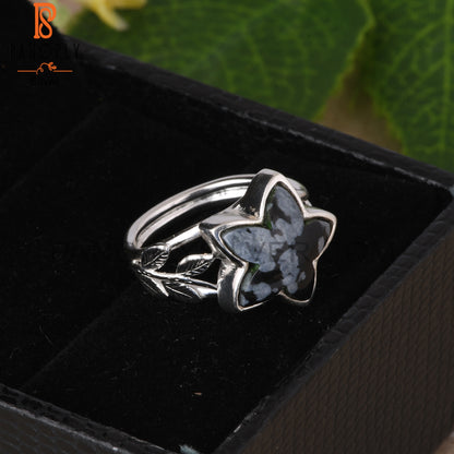 Leaf Snowflake Obsidian Star Shape 925 Sterling Silver Ring