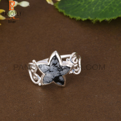 Snowflake Obsidian Star Shape 925 Sterling Silver Ring