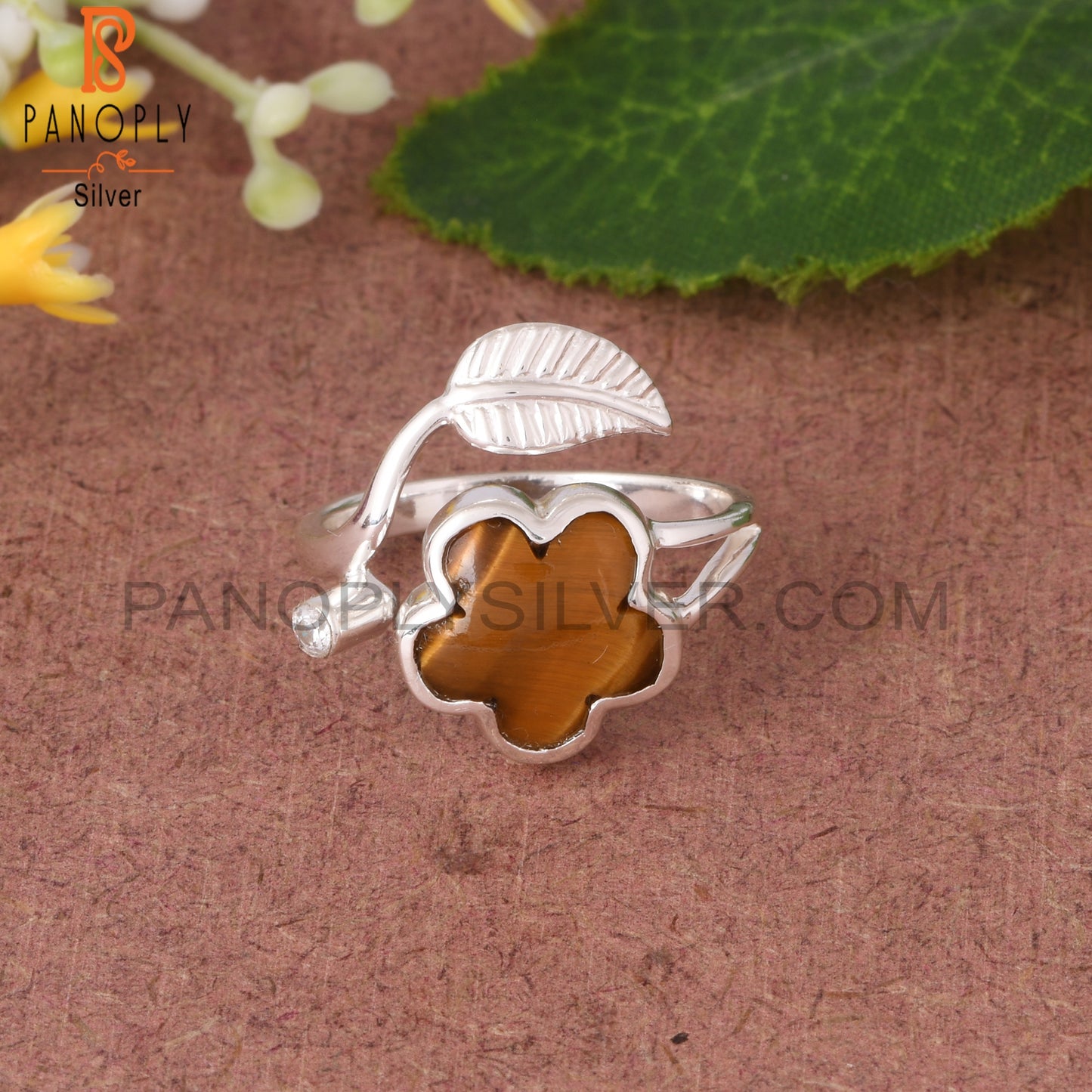 Tiger Eye Yellow & Cubic Zirconia 925 Sterling Silver Ring
