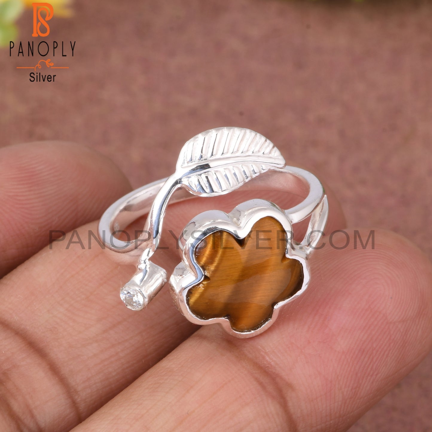 Tiger Eye Yellow & Cubic Zirconia 925 Sterling Silver Ring
