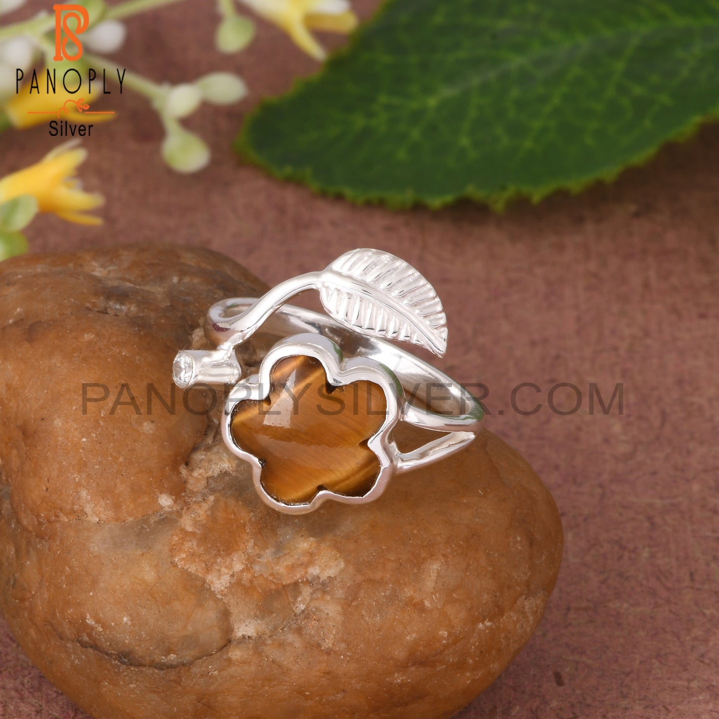 Tiger Eye Yellow & Cubic Zirconia 925 Sterling Silver Ring