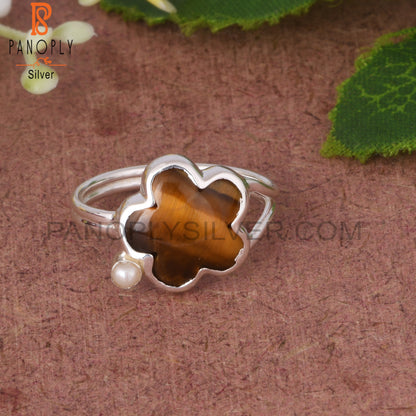 Tiger Eye Yellow & Pearl Flower Shape 925 Sterling Silver Ring