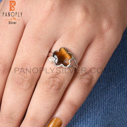 Tiger Eye Yellow & Pearl Flower Shape 925 Sterling Silver Ring