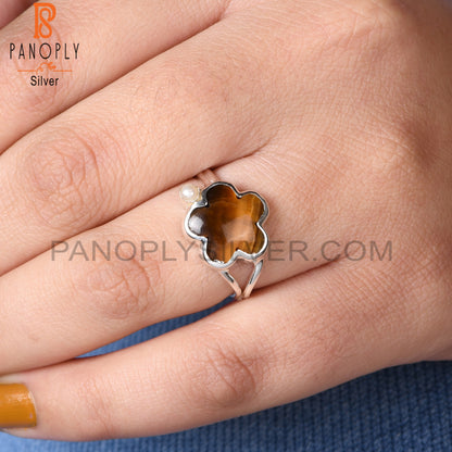 Tiger Eye Yellow & Pearl Flower Shape 925 Sterling Silver Ring