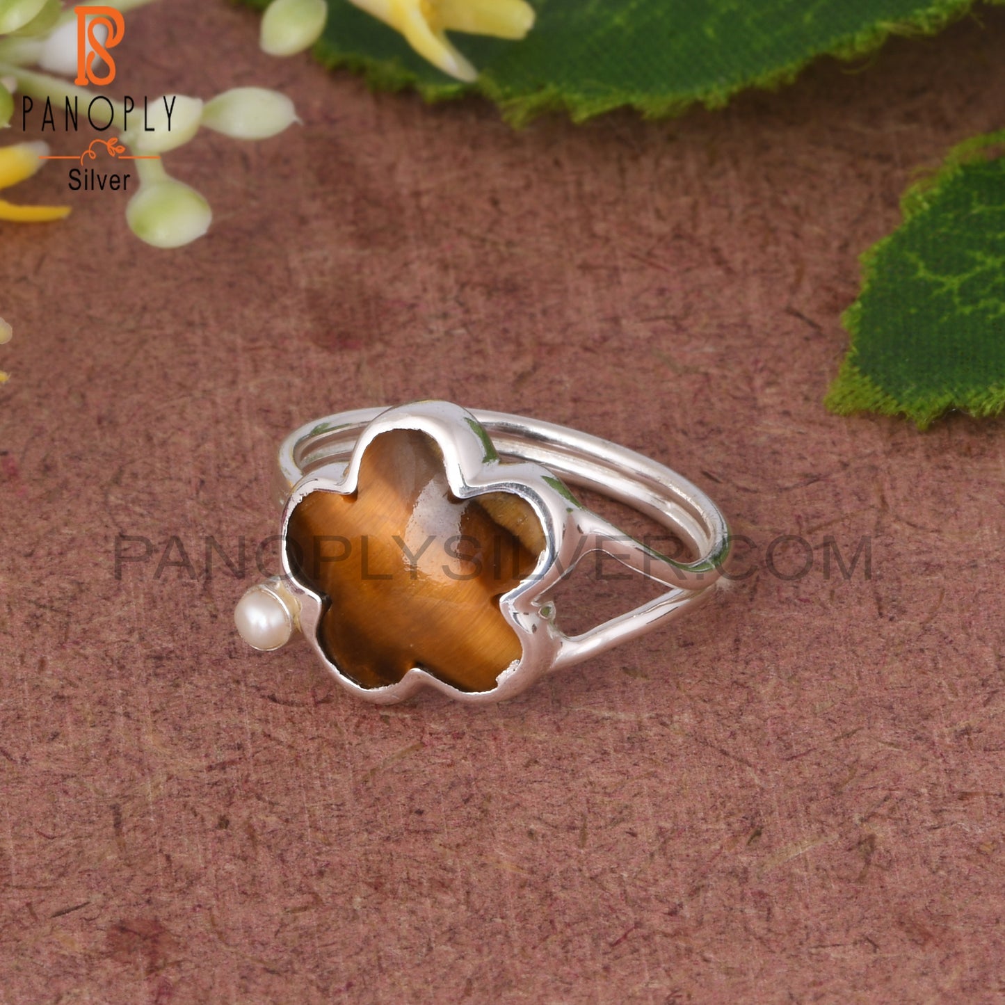 Tiger Eye Yellow & Pearl Flower Shape 925 Sterling Silver Ring