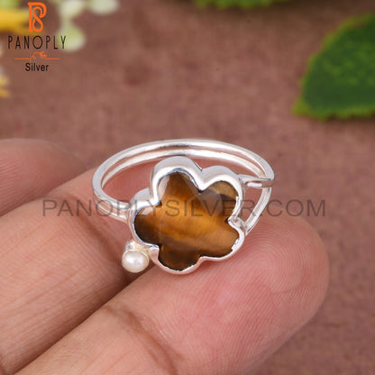 Tiger Eye Yellow & Pearl Flower Shape 925 Sterling Silver Ring