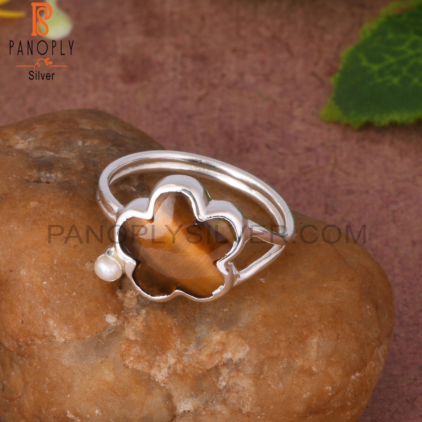 Tiger Eye Yellow & Pearl Flower Shape 925 Sterling Silver Ring