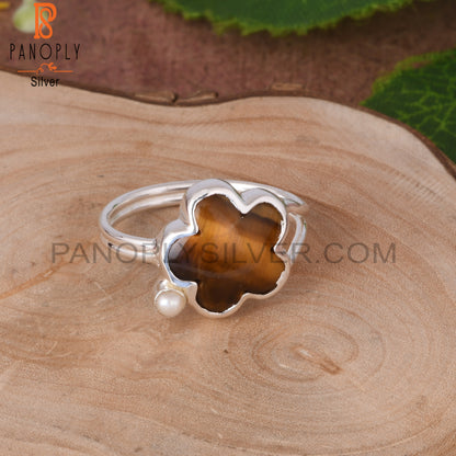 Tiger Eye Yellow & Pearl Flower Shape 925 Sterling Silver Ring