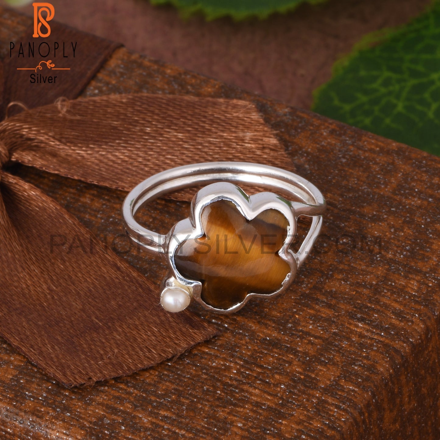 Tiger Eye Yellow & Pearl Flower Shape 925 Sterling Silver Ring