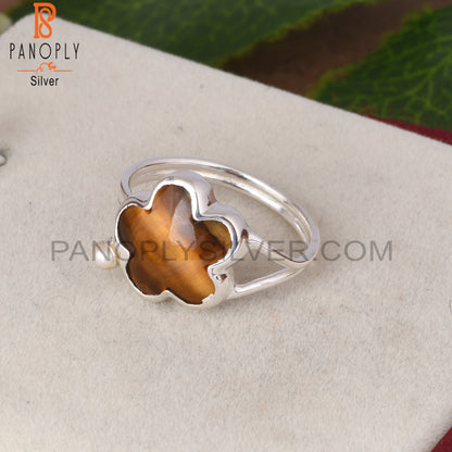 Tiger Eye Yellow & Pearl Flower Shape 925 Sterling Silver Ring