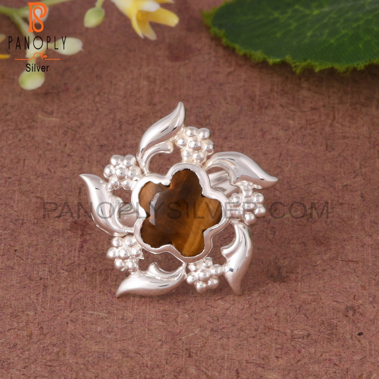 Tiger Eye Yellow Sunflower 925 Sterling Silver Nature Ring