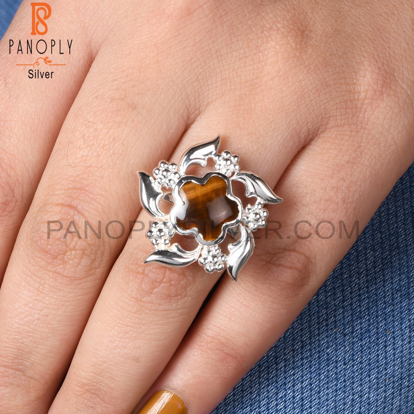 Tiger Eye Yellow Sunflower 925 Sterling Silver Nature Ring